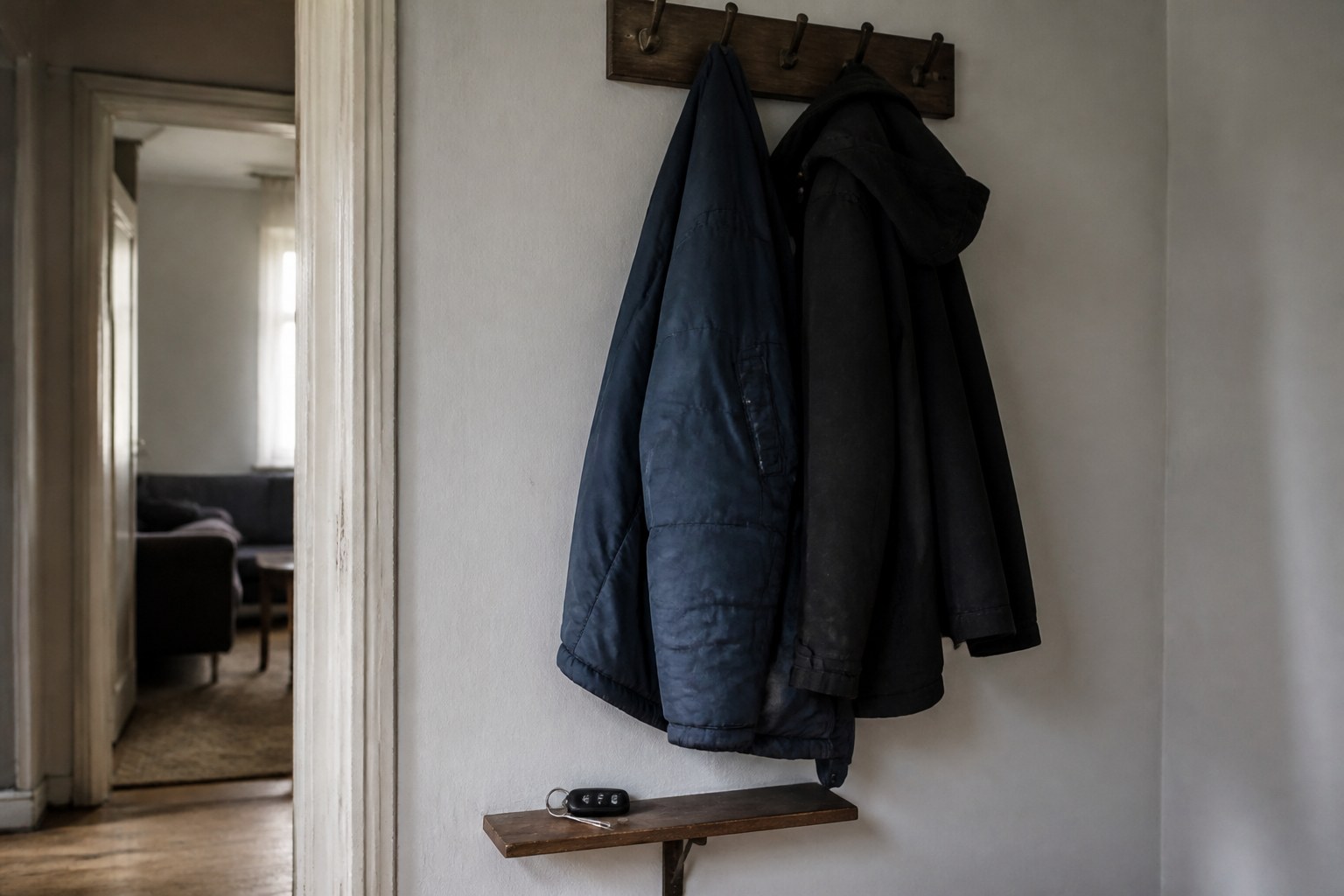 Two coats on a hallway hook with a car key on the shelf beneath them