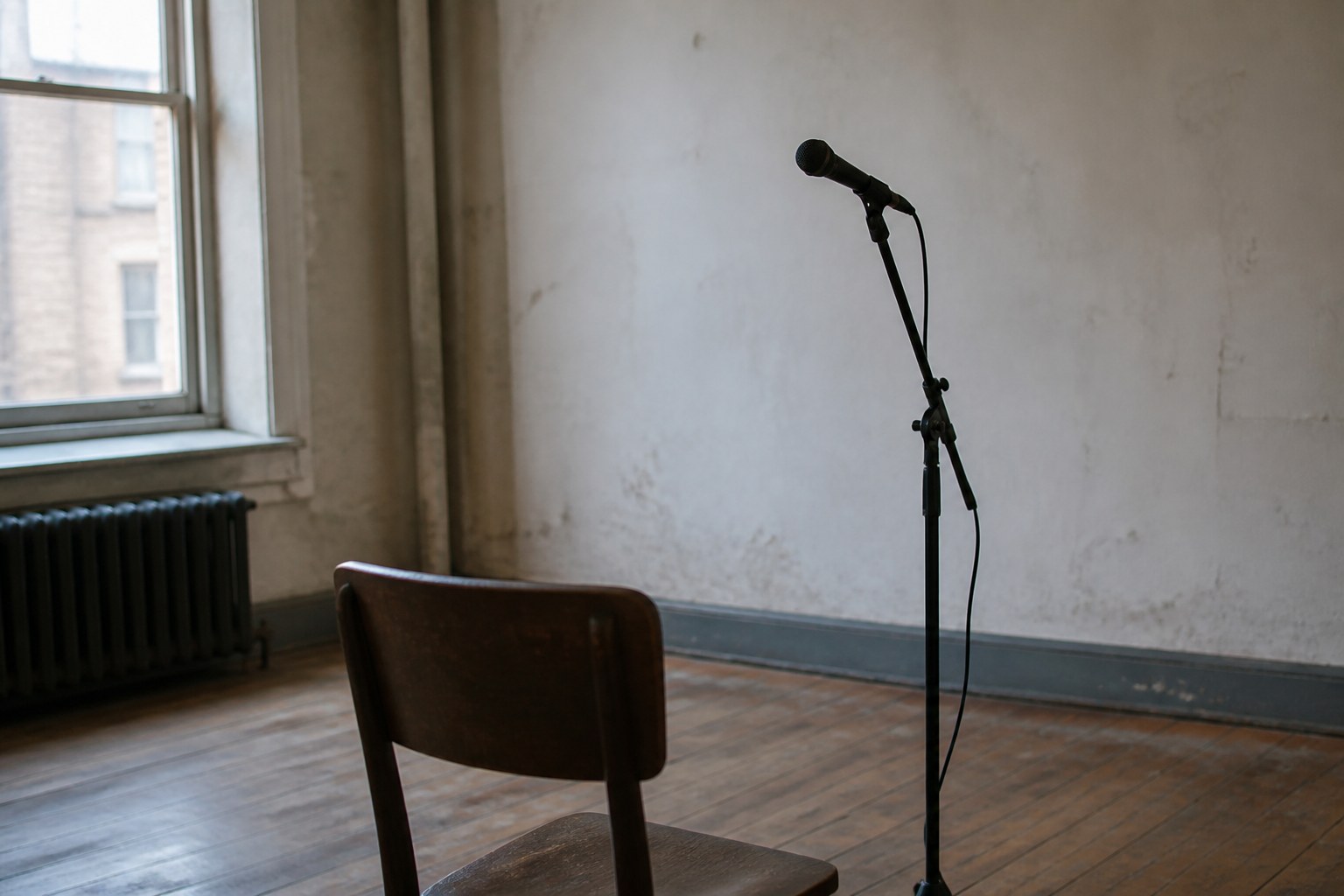 A microphone on a stand in an empty room with one chair facing it