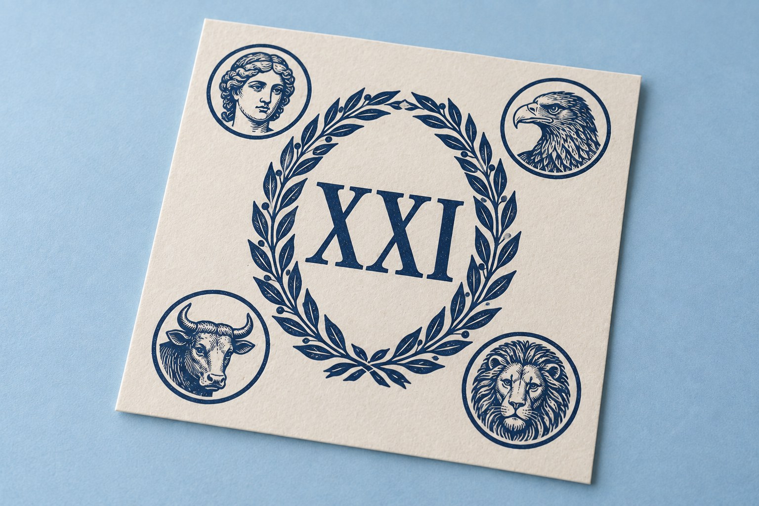 Oval leafy garland surrounded by separate human, eagle, bull and lion medallions, with XXI at the center