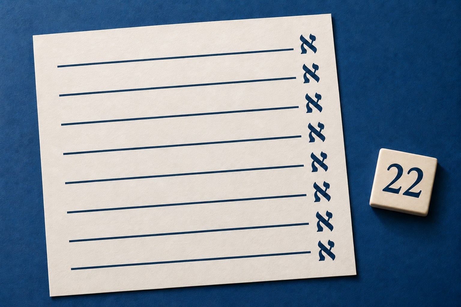 Modern paper study with eight horizontal lines, each beginning at the right with the Hebrew letter aleph