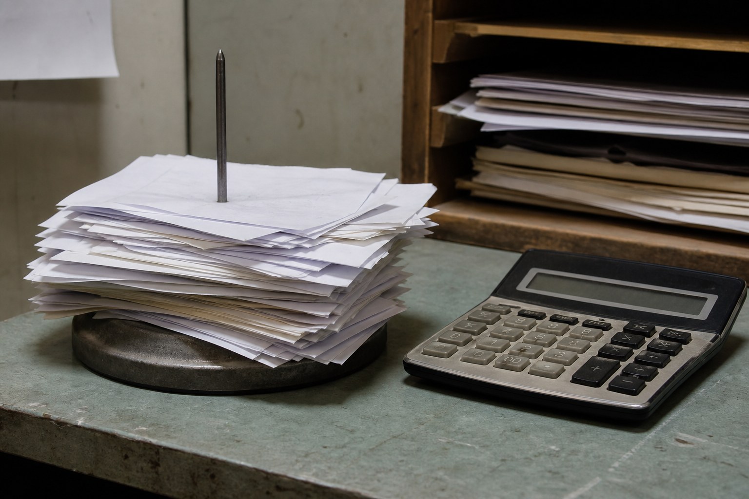 Paper invoices driven onto a metal bill spike beside a worn pocket calculator