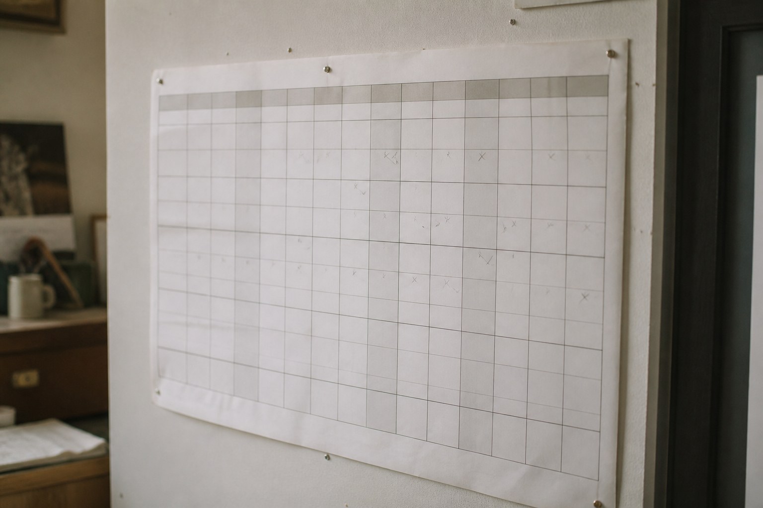 A large paper year planner on a wall with a few tasks pencilled in across the weeks