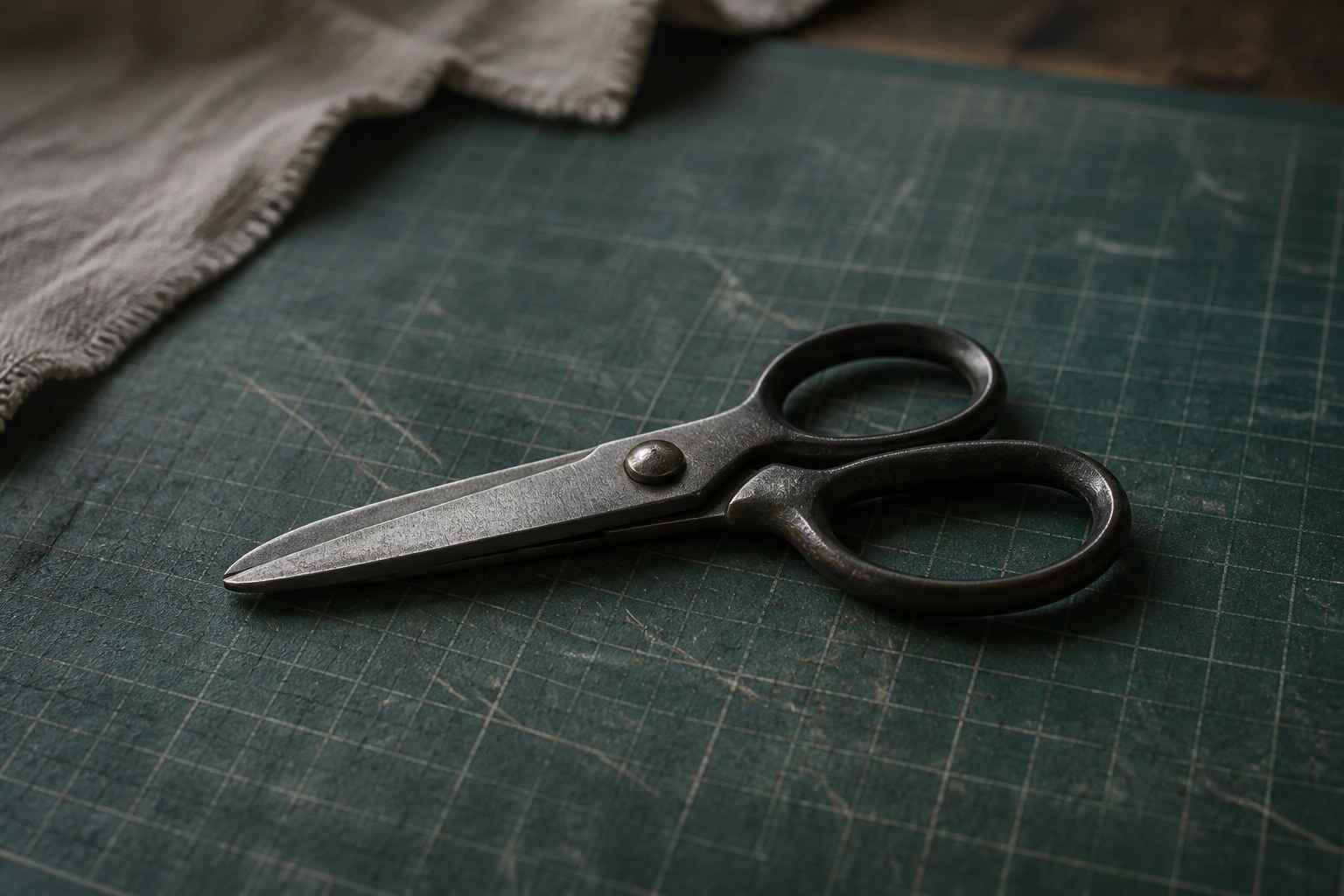 The two blades of a pair of scissors resting closed on a cutting mat