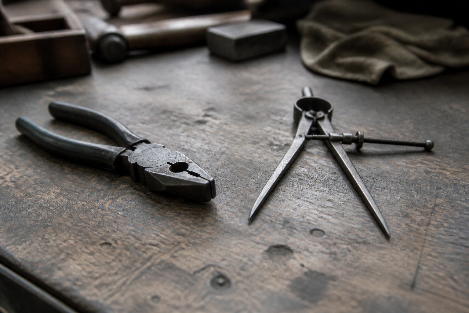 A closed pair of pliers beside an open pair of dividers on a bench