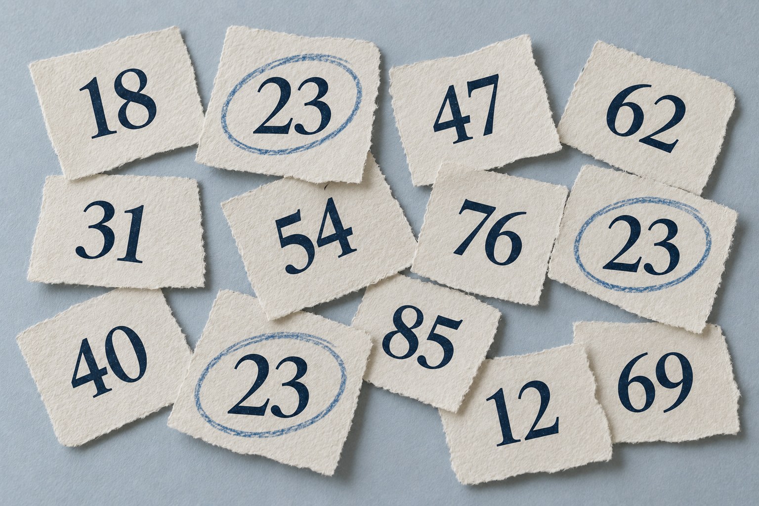 A field of numbered paper slips with several 23s outlined in blue among other numbers