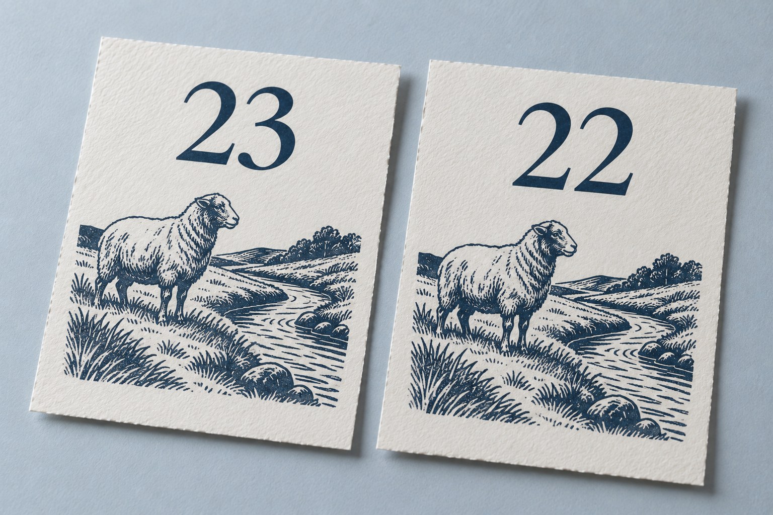 Two pastoral print panels labelled 23 and 22, each showing a sheep beside a stream