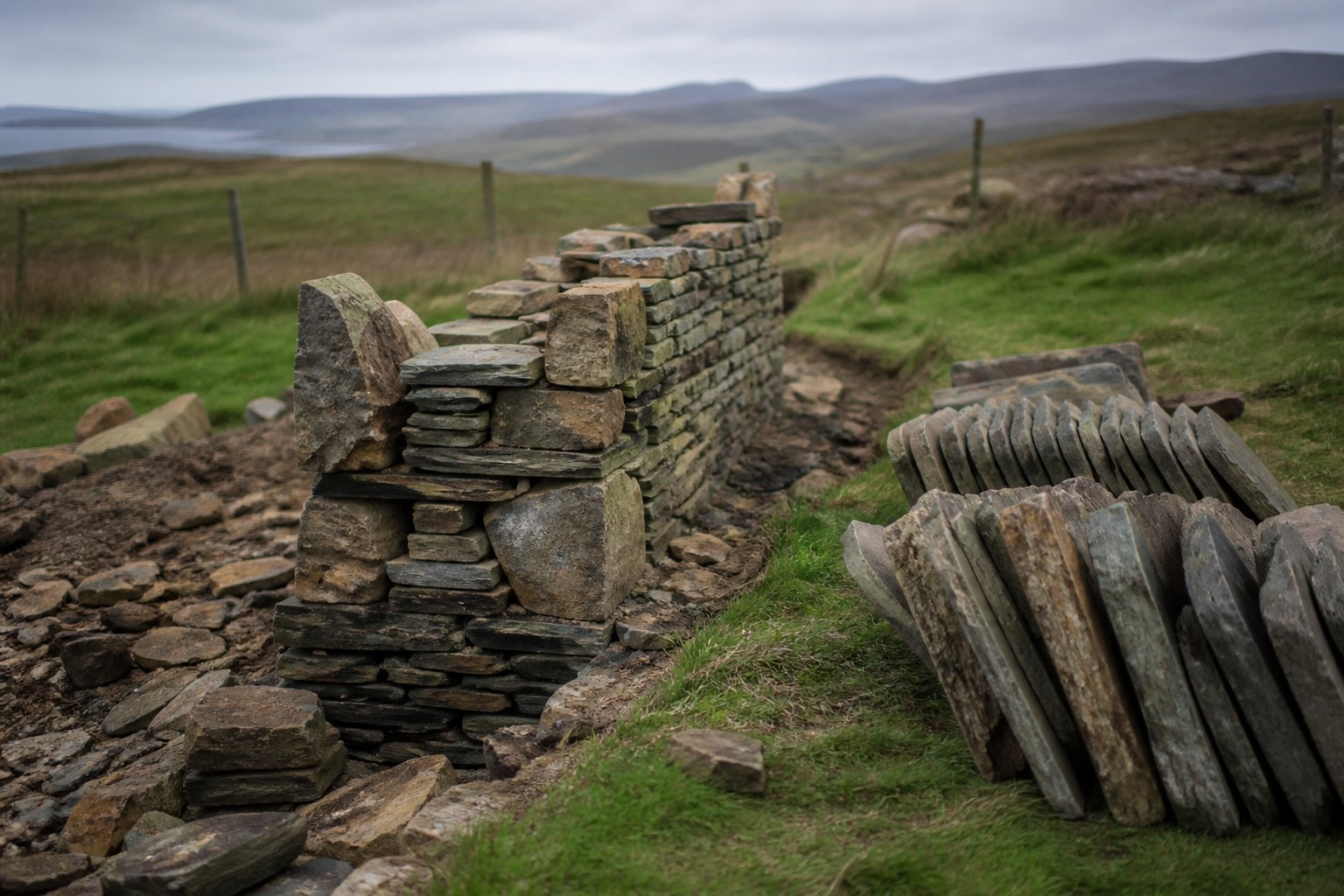 A half built drystone wall with the coping stones stacked ready on the grass beside it