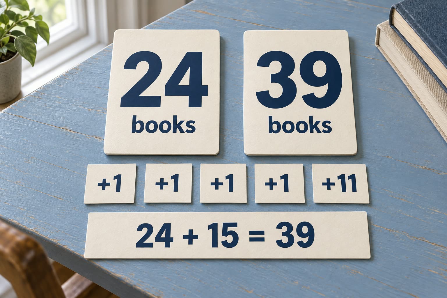 Two modern book-count cards marked 24 and 39 are joined by five grouping slips with additions of 1, 1, 1, 1 and 11.