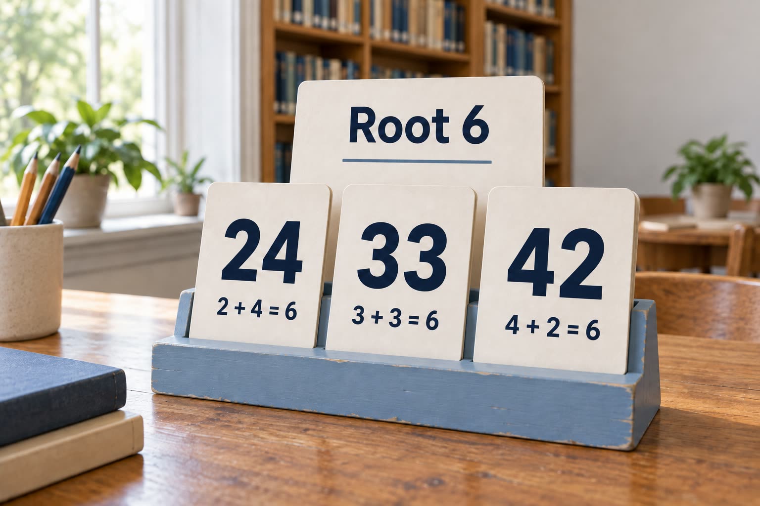 Three modern reference slips marked 24, 33 and 42 sit under a shared root 6 label.