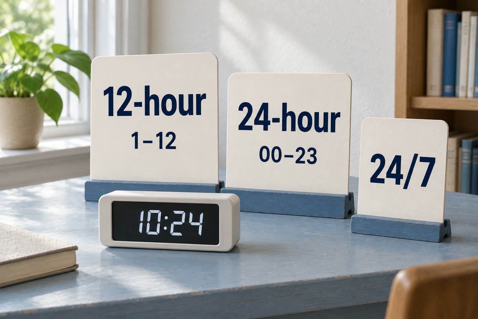 Three modern time cards show 12-hour, 00-23 and 24/7 formats, with the minute 24 highlighted in 10:24.