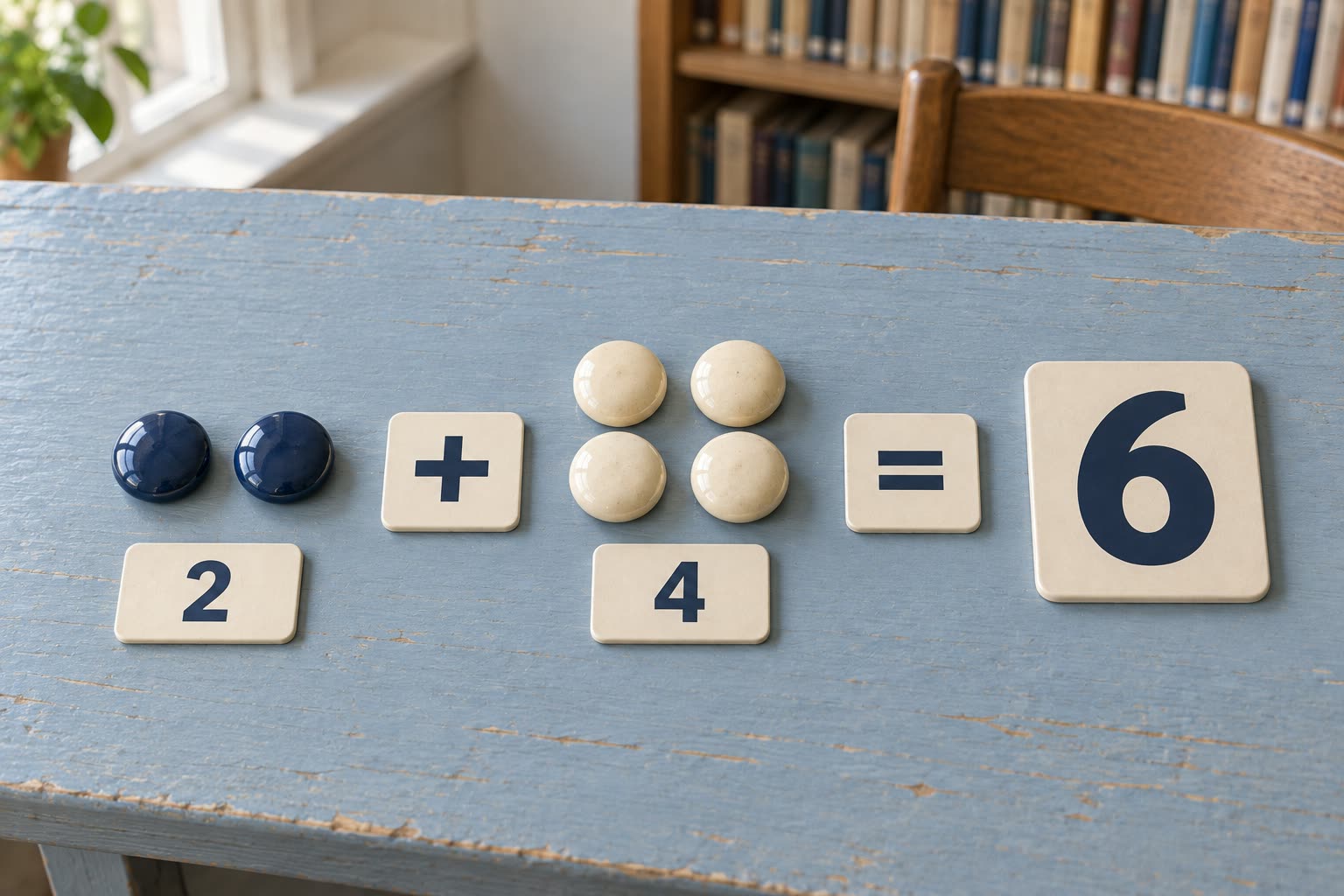 Contemporary teaching pieces show 2 plus 4 equals 6 on a pale blue reading-room table.