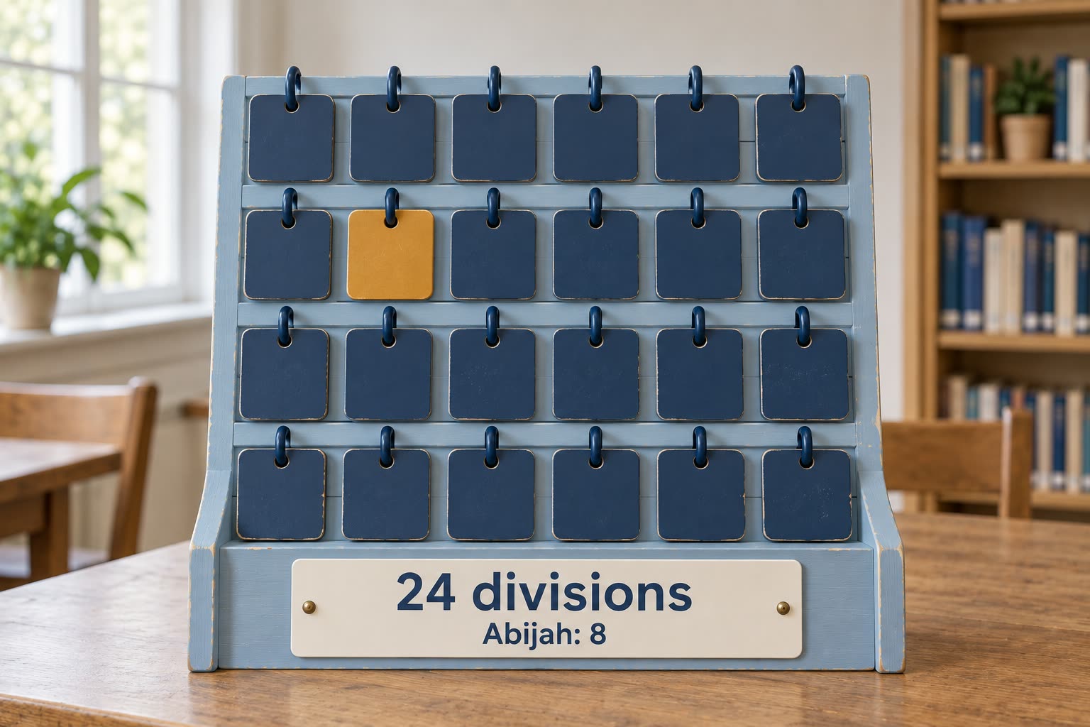 A modern teaching rack holds twenty-four blue tabs arranged in four rows of six, with the eighth tab highlighted.