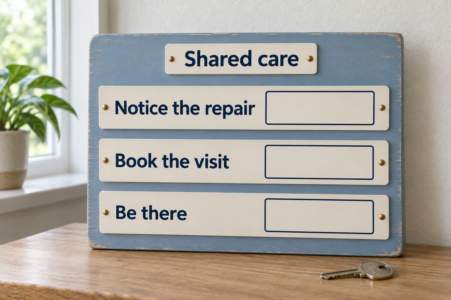 A modern household repair board separates noticing, booking and attending, with a different blank name tag beside each task.