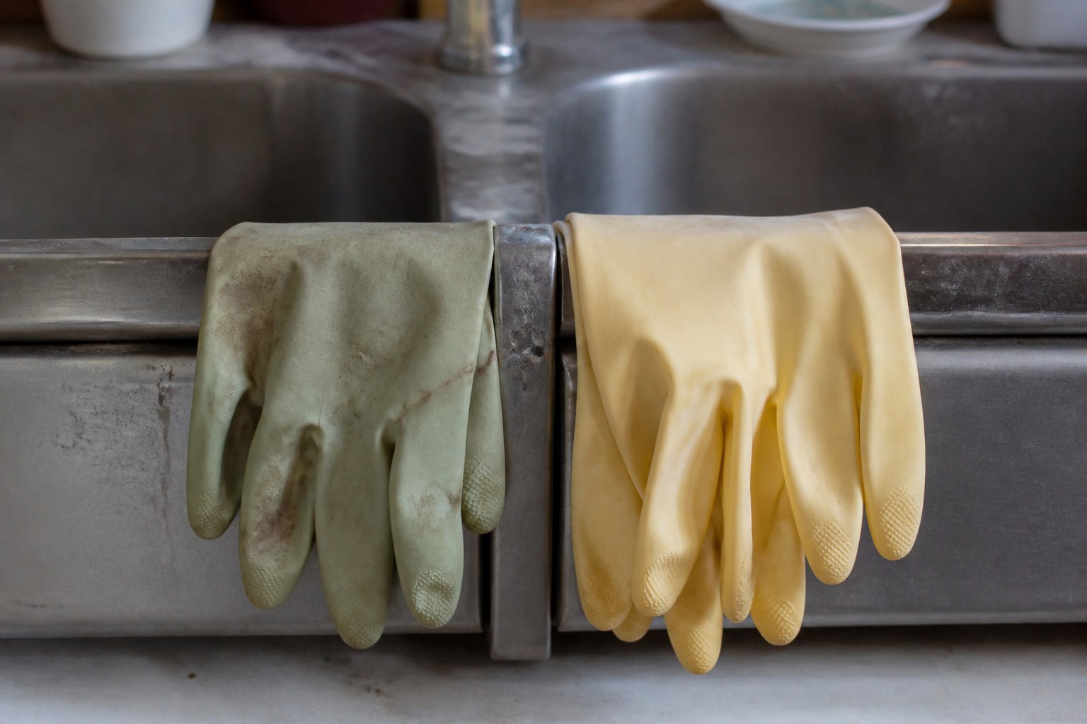Two pairs of rubber gloves over a sink divider, one pair visibly more worn