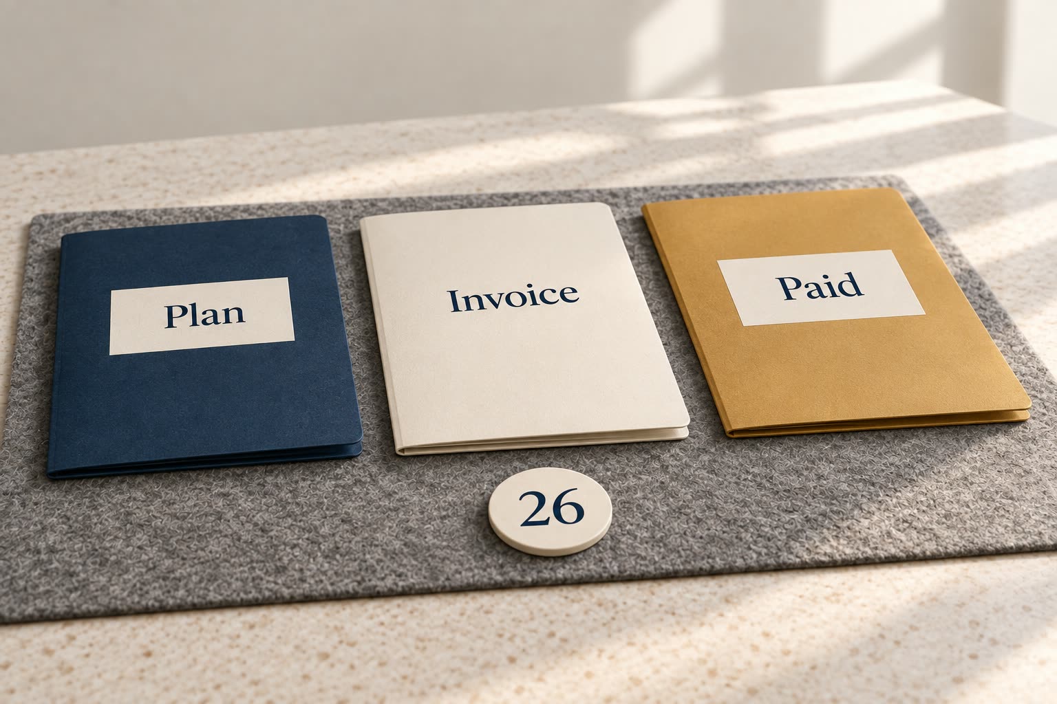Three contemporary project folders marked Plan, Invoice and Paid remain separate, with a small 26 reference token beside them.