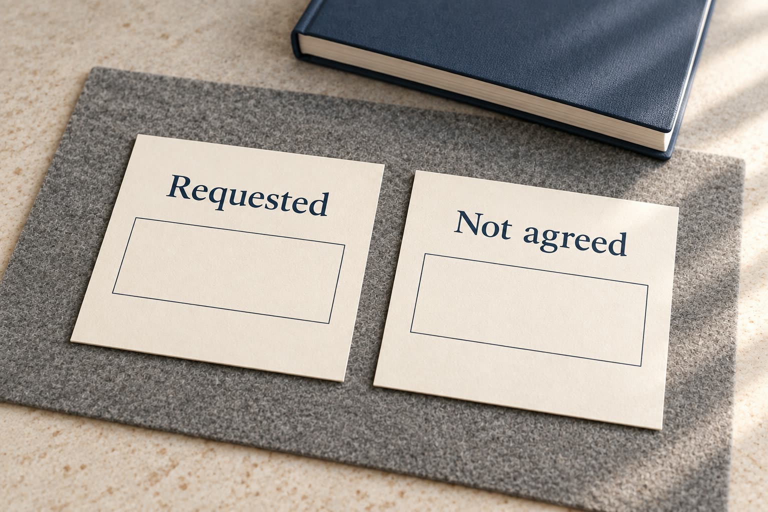 Two modern appointment slips have separate labels Requested and Not agreed, beside an unmarked calendar.