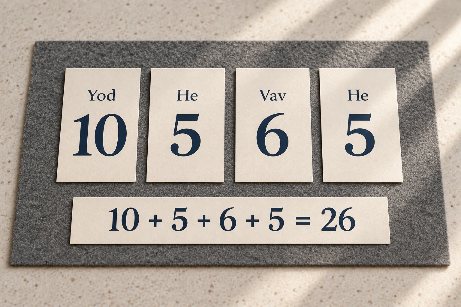Four modern transliterated letter cards read Yod 10, He 5, Vav 6 and He 5 above a total of 26.
