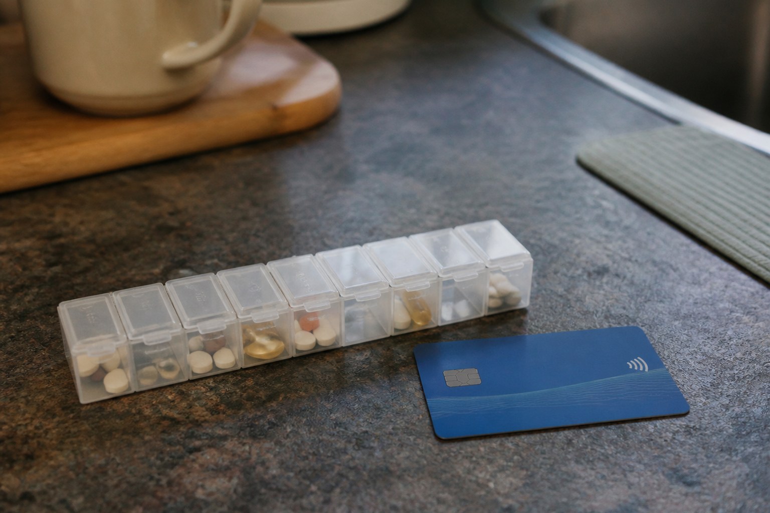 A weekly pill organiser and a bank card lying together on a kitchen counter