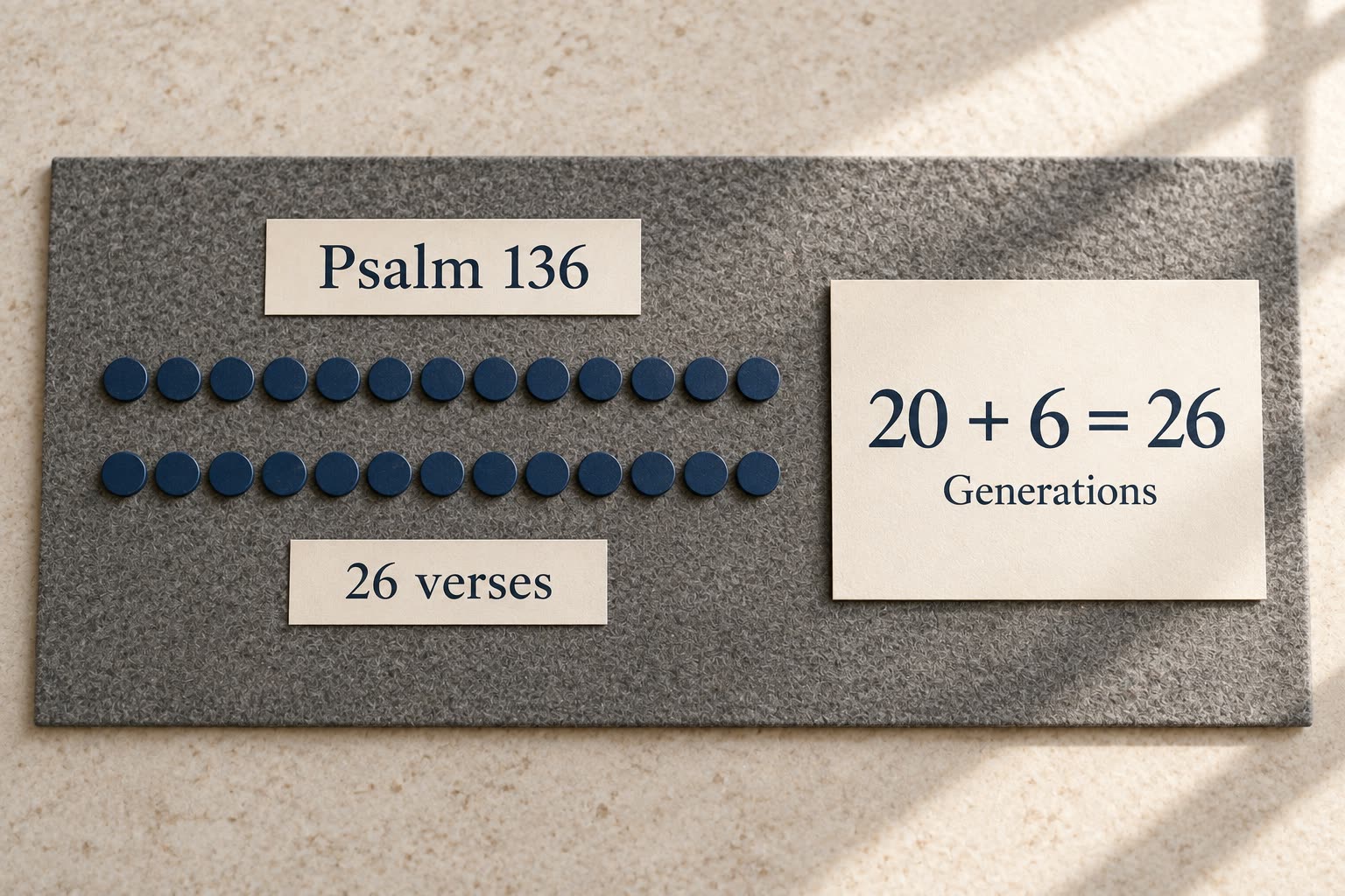 Twenty-six small verse markers on a modern teaching strip face a generation-count card showing 20 plus 6 equals 26.