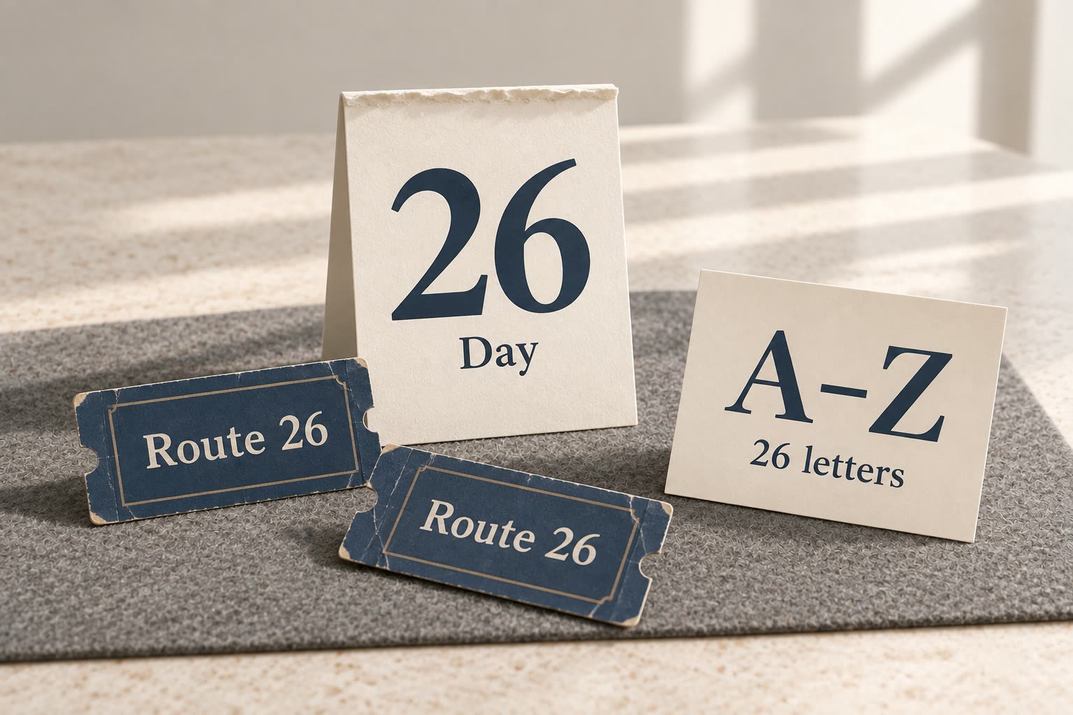 A calendar page is marked 26 beside two repeated route tickets marked 26 and an A-to-Z reference card.