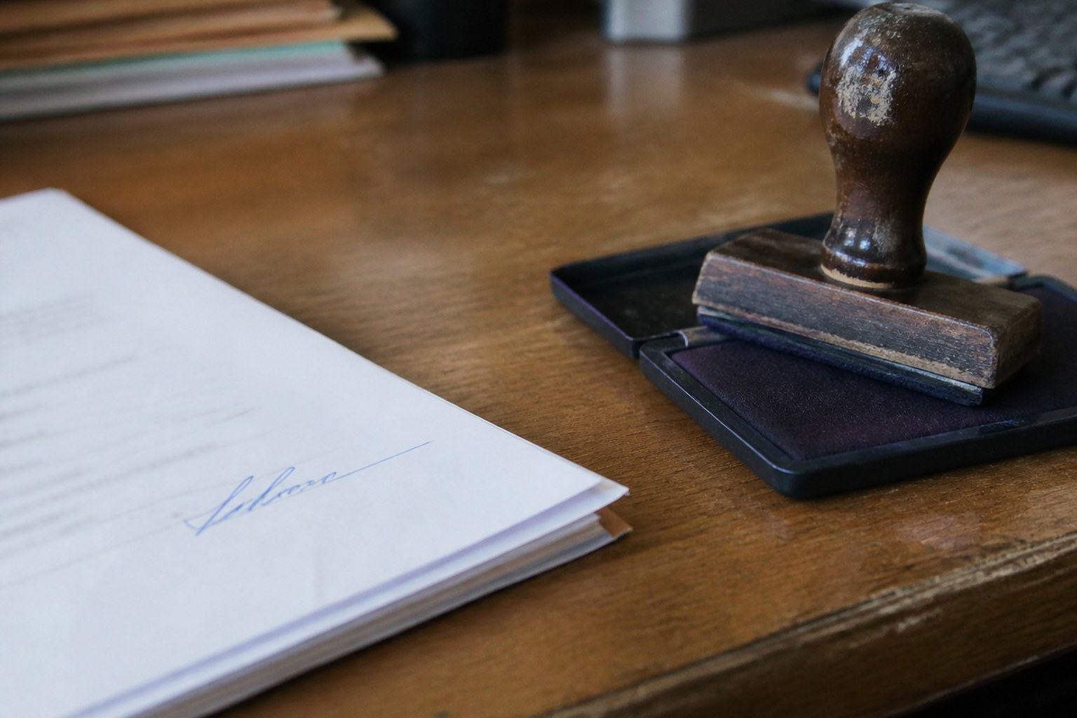 A rubber date stamp resting on an ink pad beside a signed page