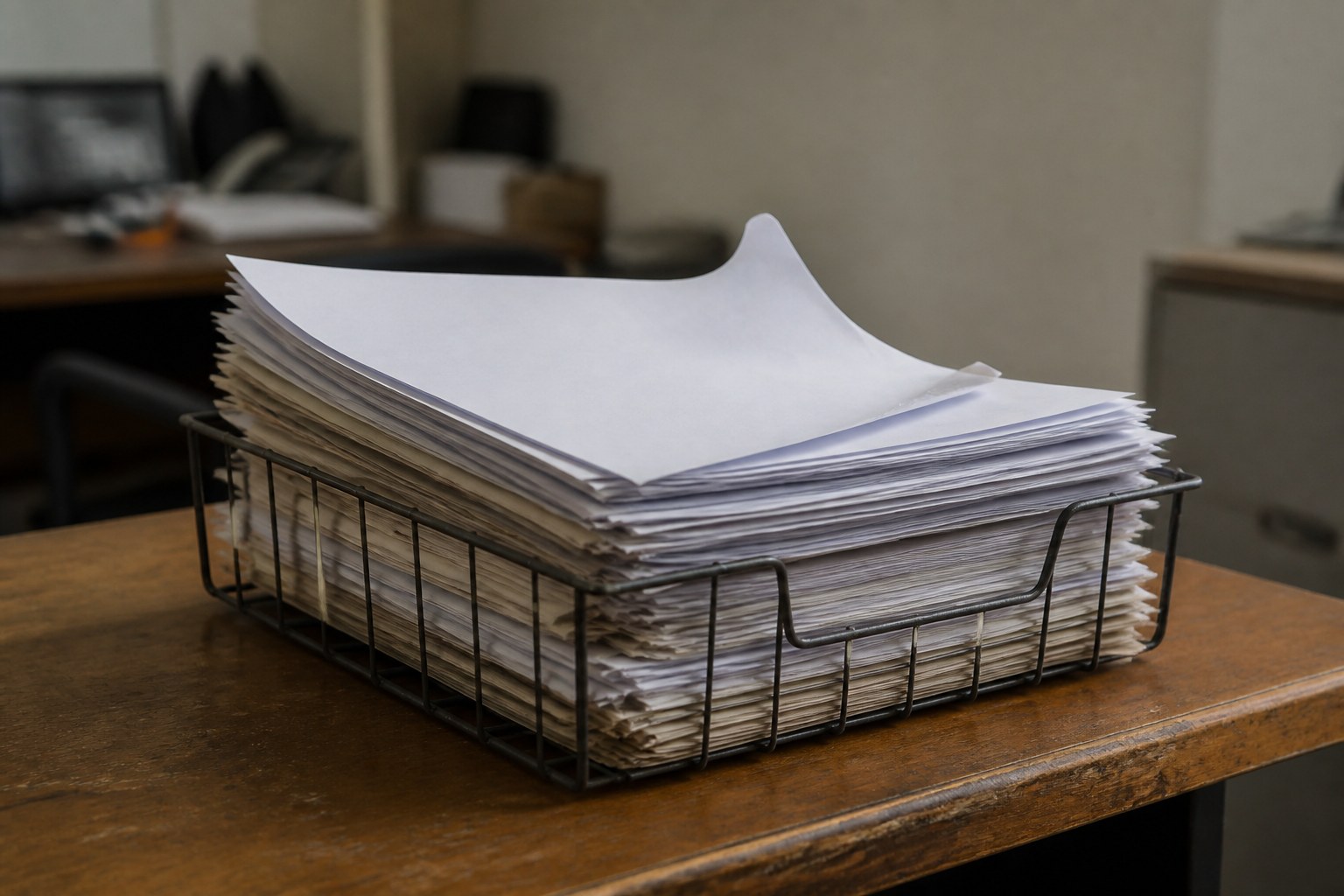 A wire document tray stacked high with papers, the top sheet curling