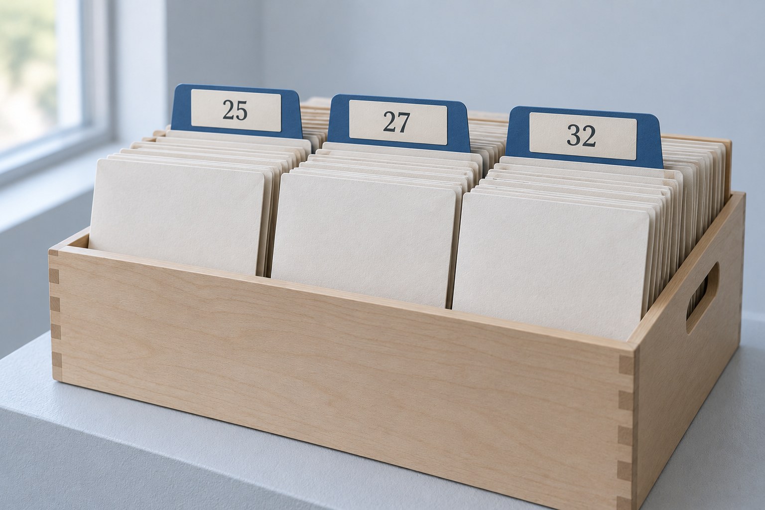 A record archive with three dividers labelled 25, 27 and 32
