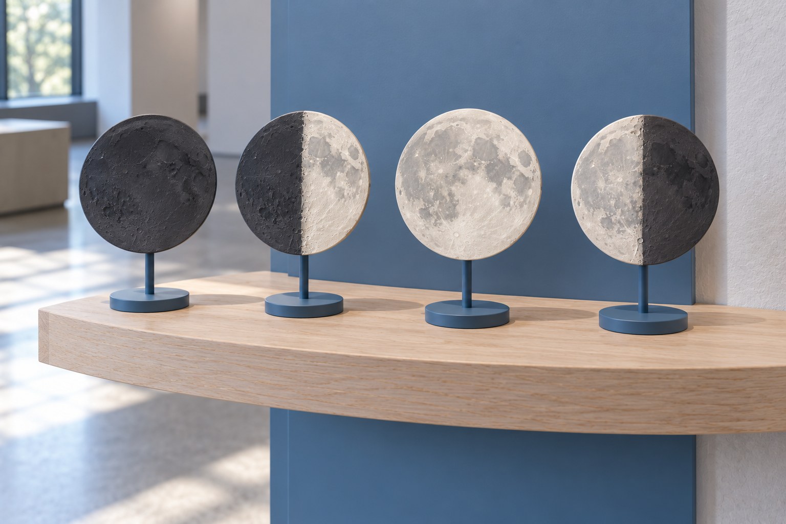 Four modern lunar-phase models showing a dark face, a right-lit half, a full bright face and a left-lit half