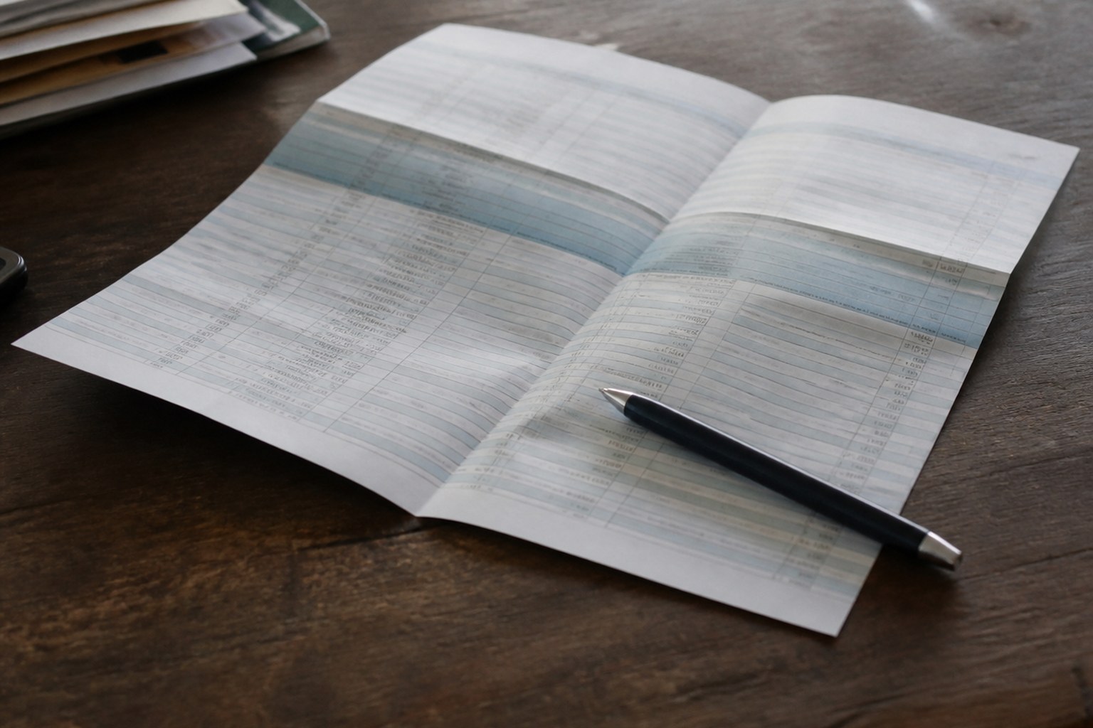 A folded bank statement on a table with a pen resting across it