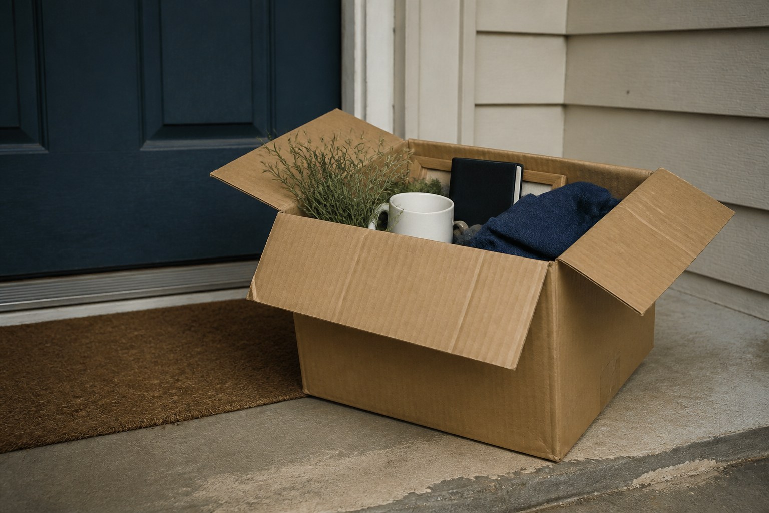A cardboard box of belongings by a front door with its flaps open