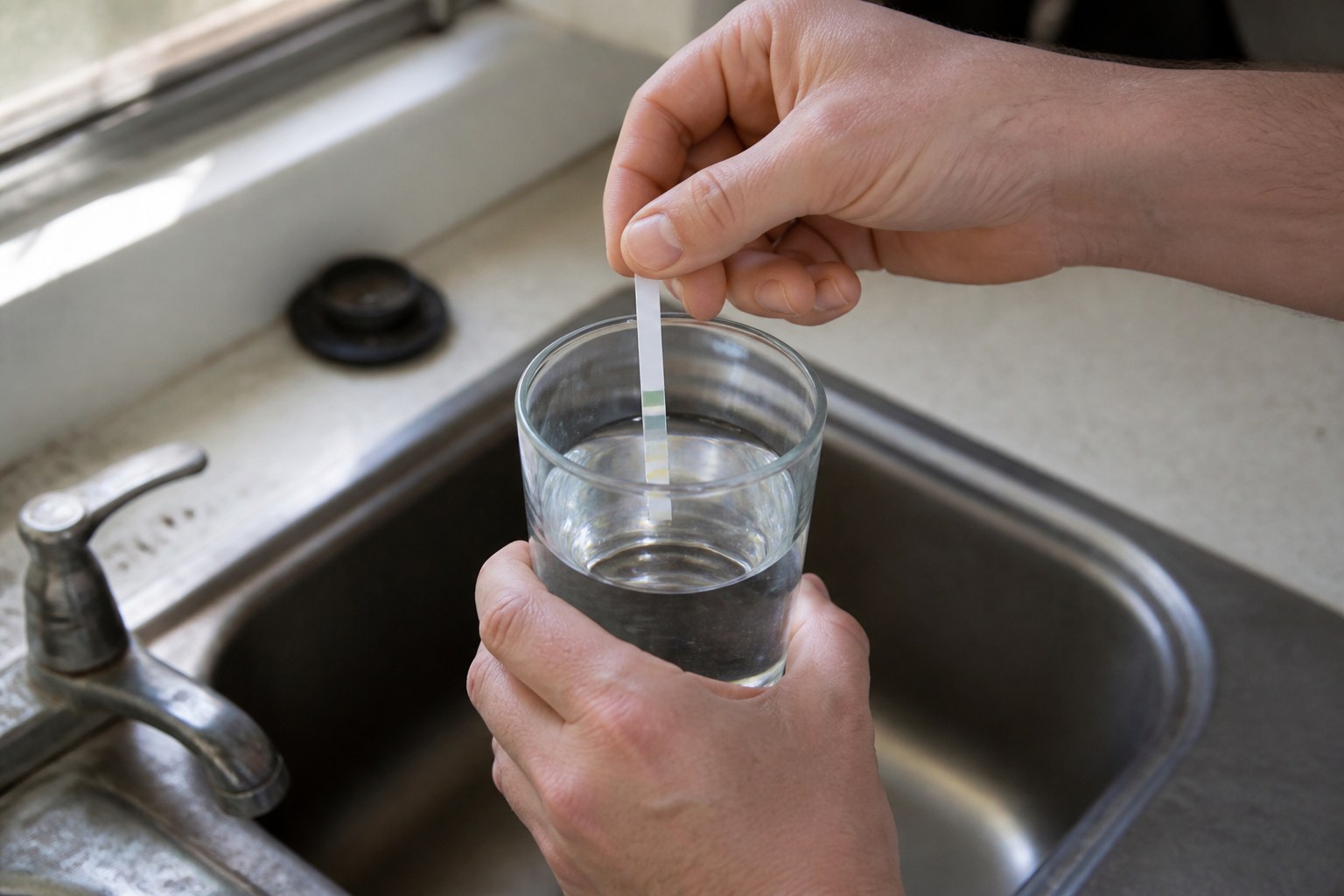 A test strip being dipped into a glass of water held over a sink