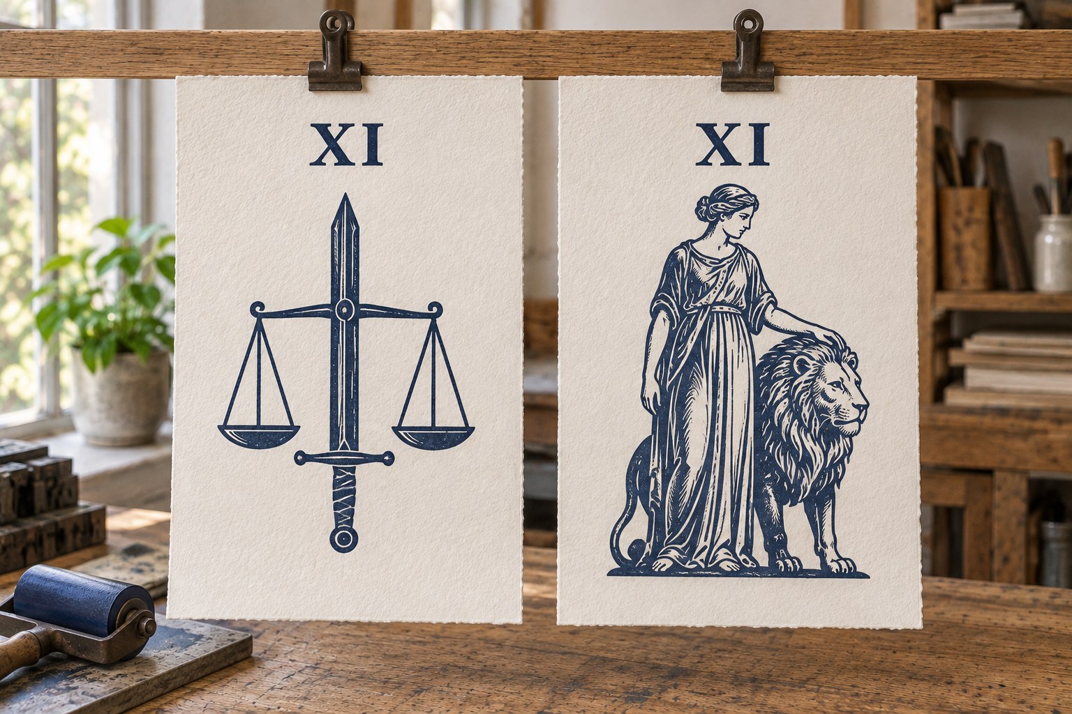 Two printed teaching cards marked XI, one showing scales and a sword and the other a woman beside a lion