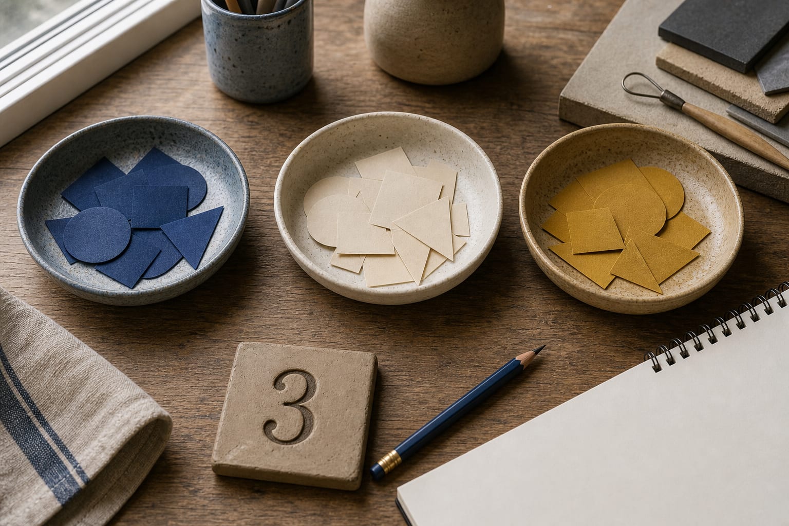 Three ceramic bowls with paper shapes and a clay tile marked 3