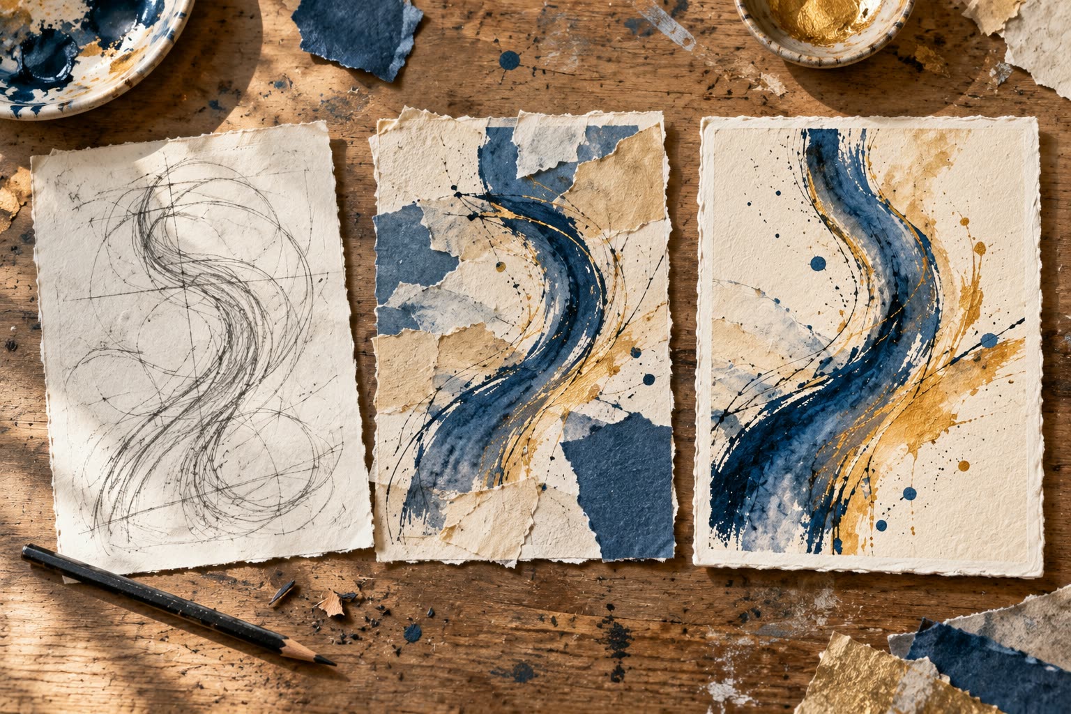 Three paper studies show one curved motif progressing from pencil sketch to collage and finished print
