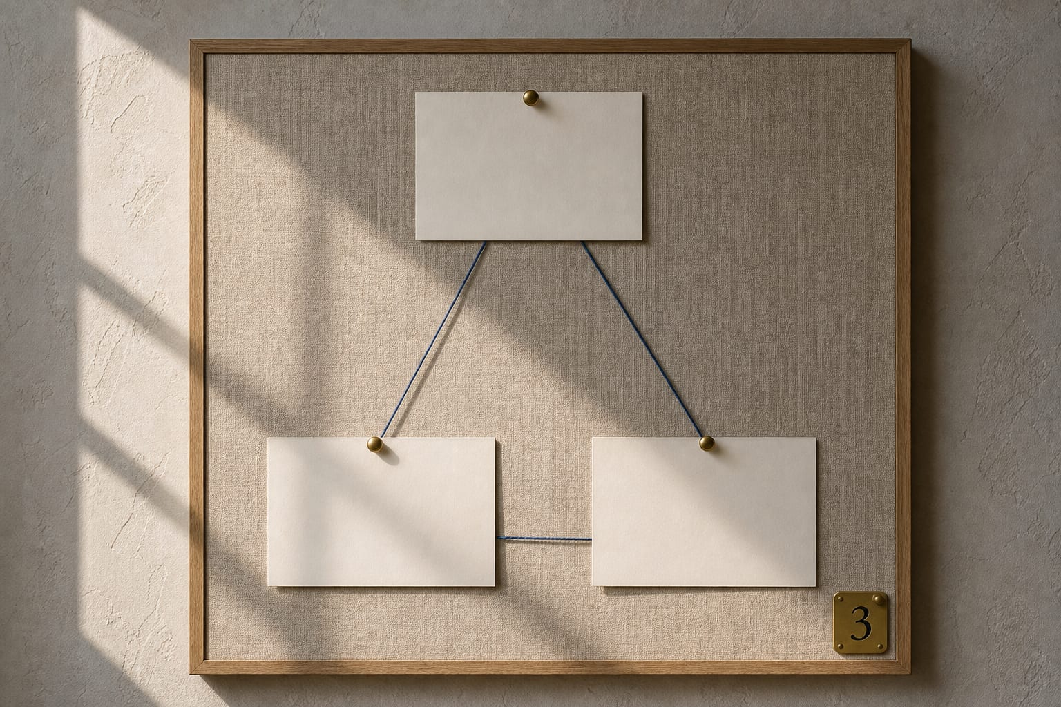 Three blank cards pinned in a triangle beside a small number 3