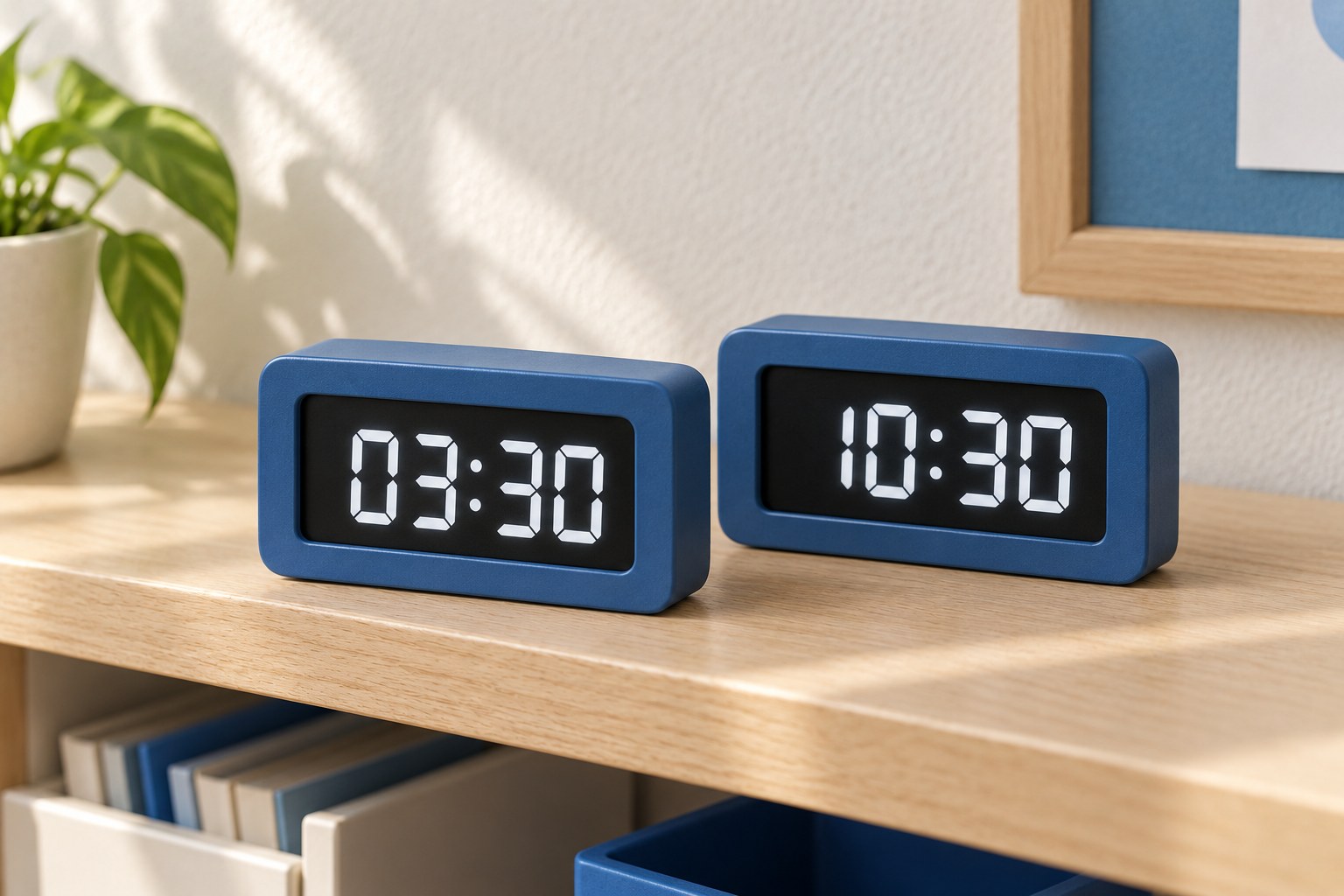 Two small digital teaching clocks displaying 03:30 and 10:30 on a pale classroom shelf