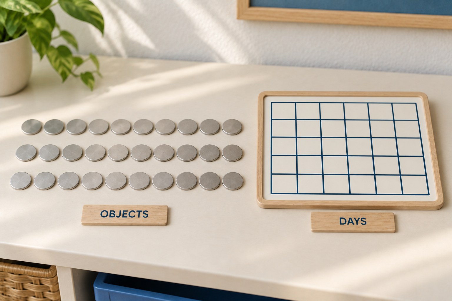 Thirty round silver-colored teaching counters beside a blank thirty-cell day-count grid in a classroom display