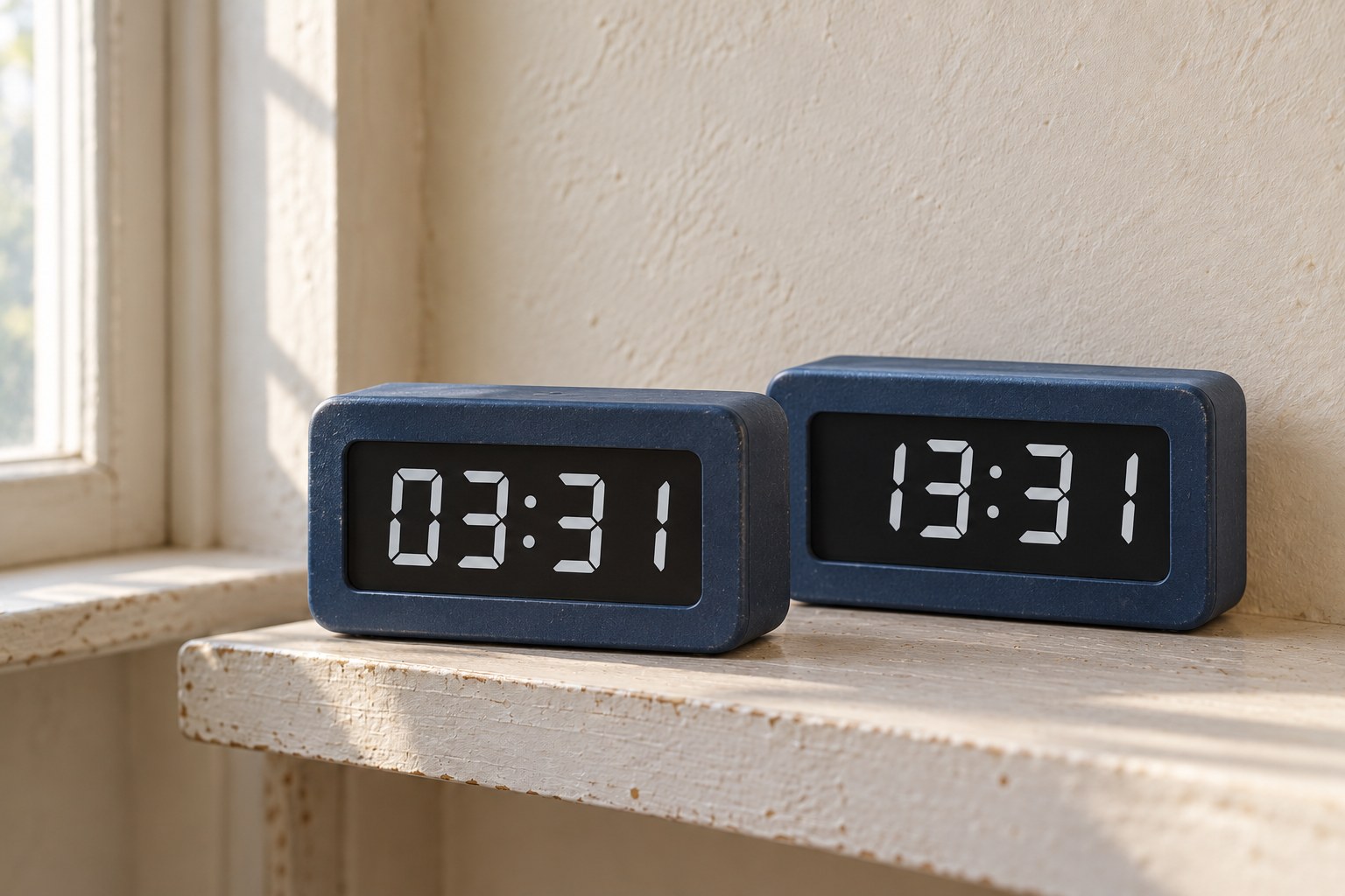 Two matte blue digital clocks displaying 03:31 and 13:31 on a pale shelf