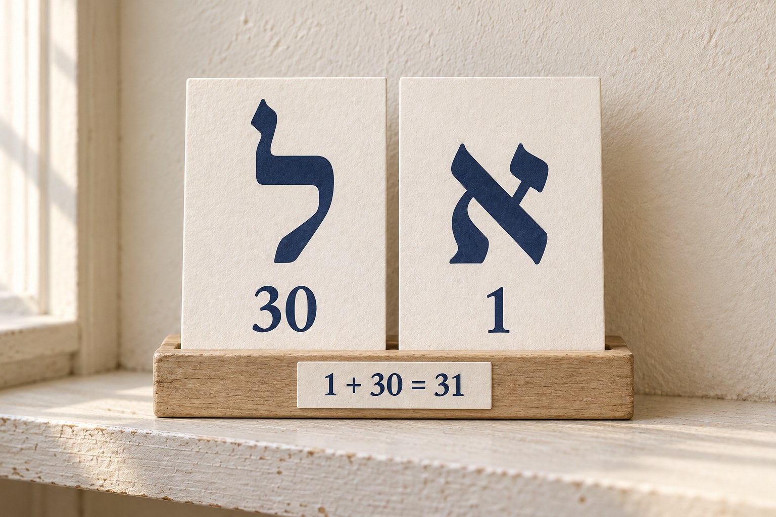 Contemporary Hebrew teaching tiles showing lamed with 30 on the left and aleph with 1 on the right