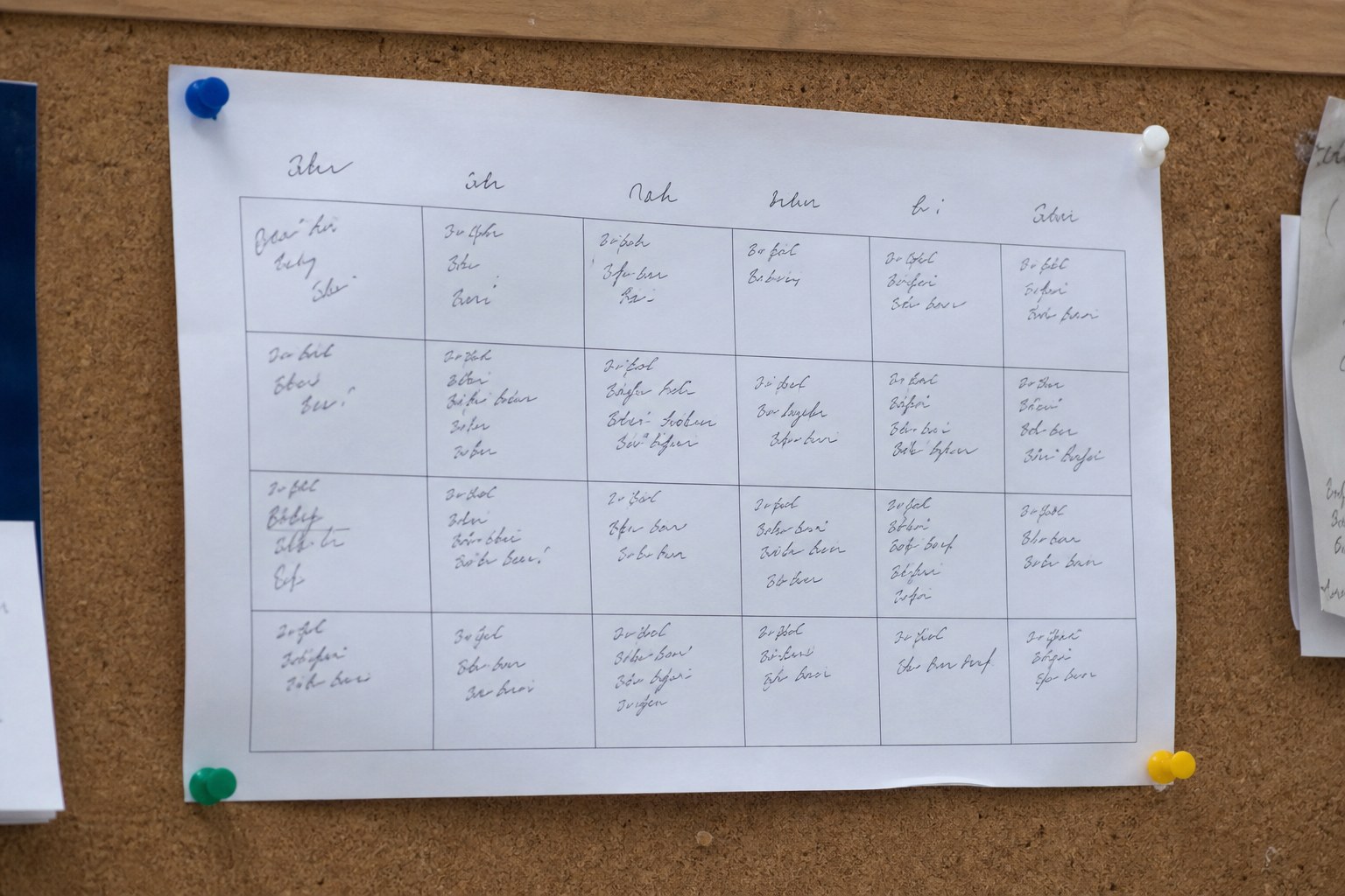 A printed rota sheet pinned to a corkboard with a grid of days and handwritten entries