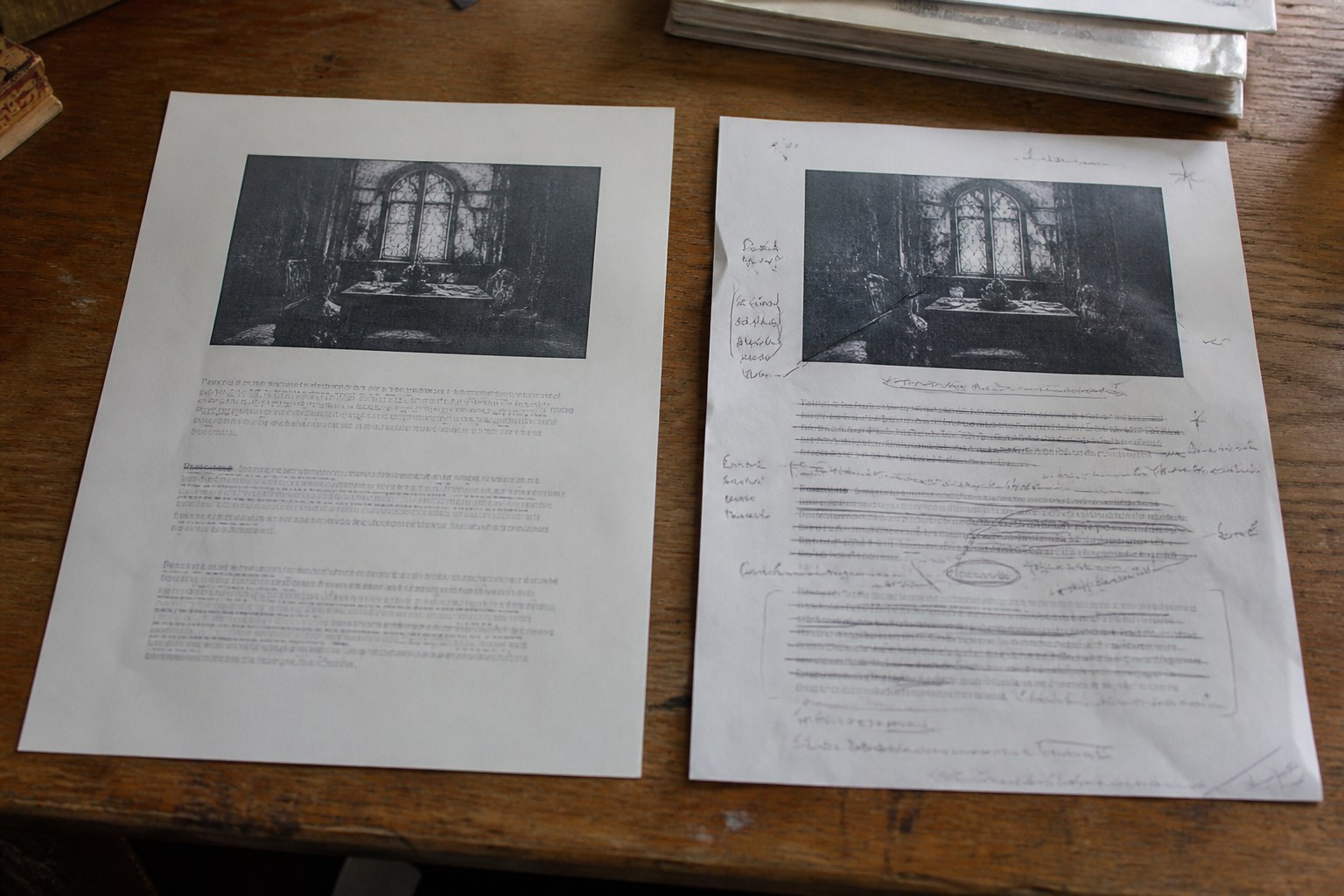 Two versions of the same printed page side by side, the second visibly marked up