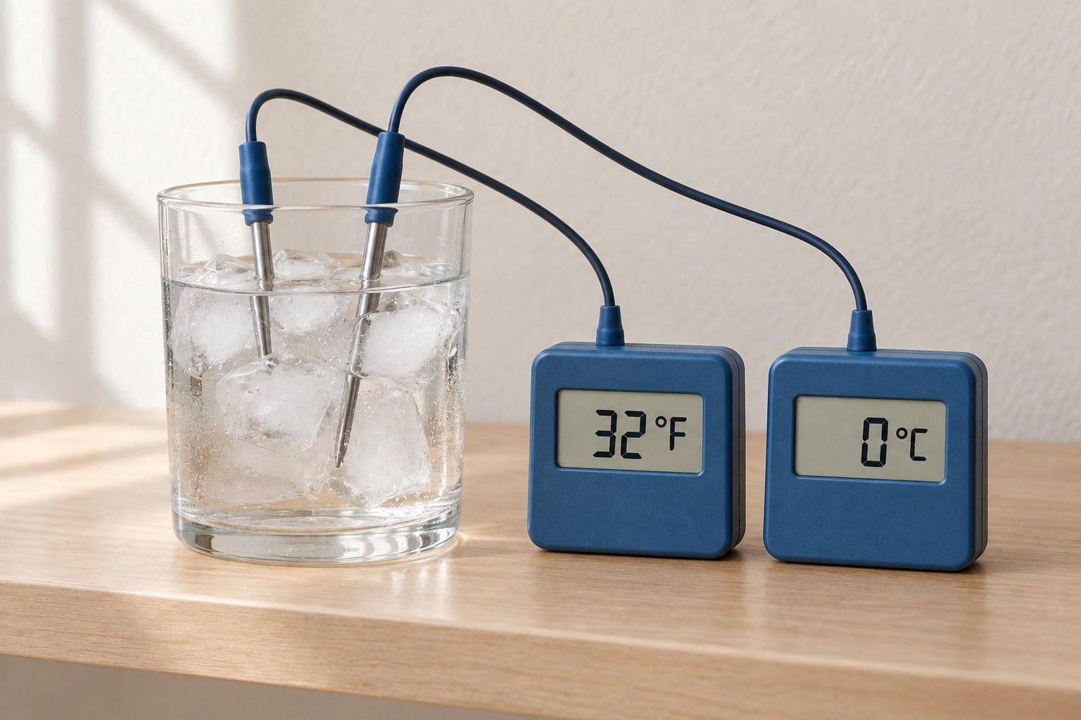 Teaching display with Fahrenheit 32 and Celsius 0 marked at the same level beside an ice-water vessel