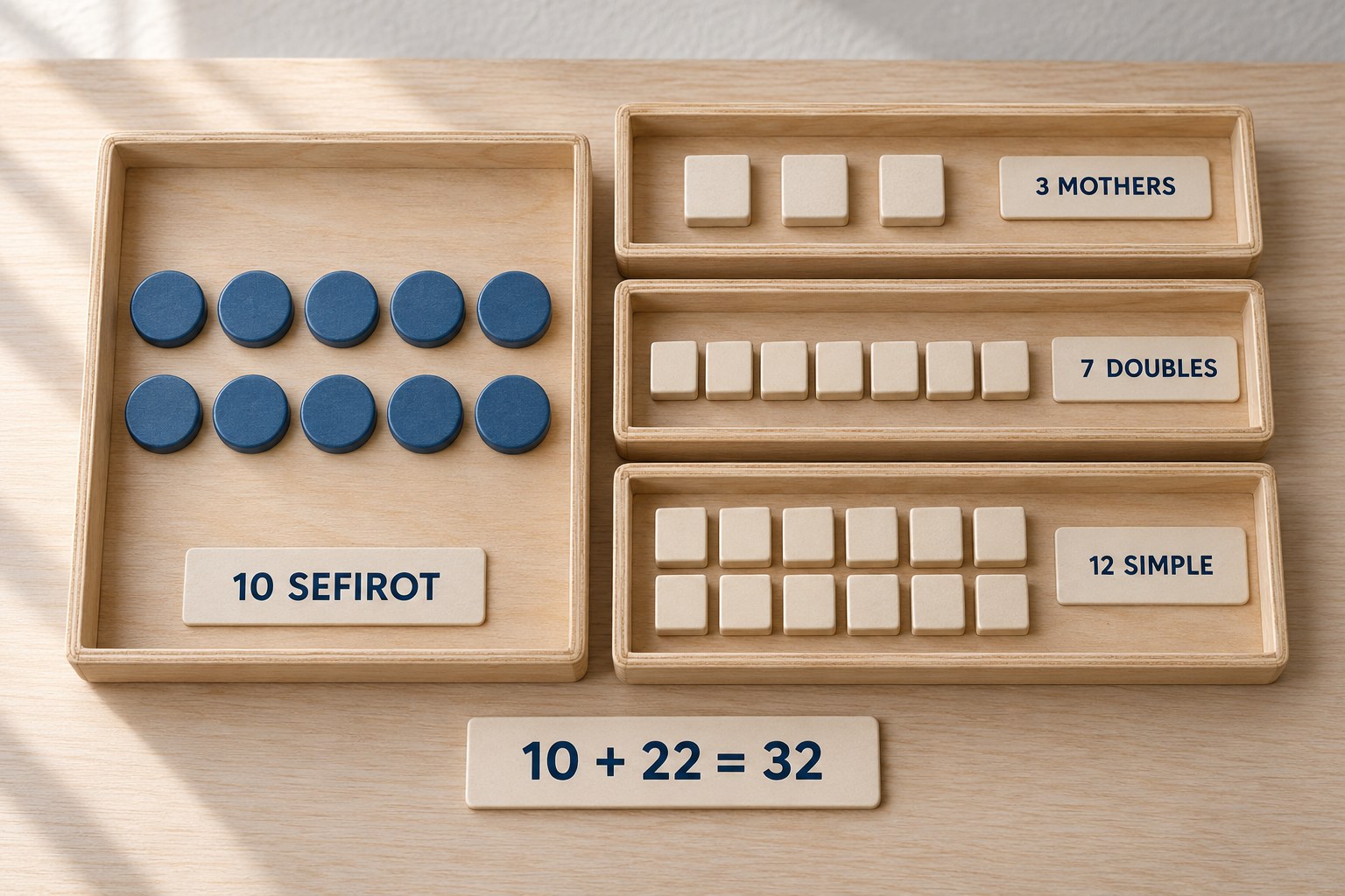 Modern teaching display grouping ten blue counters separately from three, seven and twelve cream counters