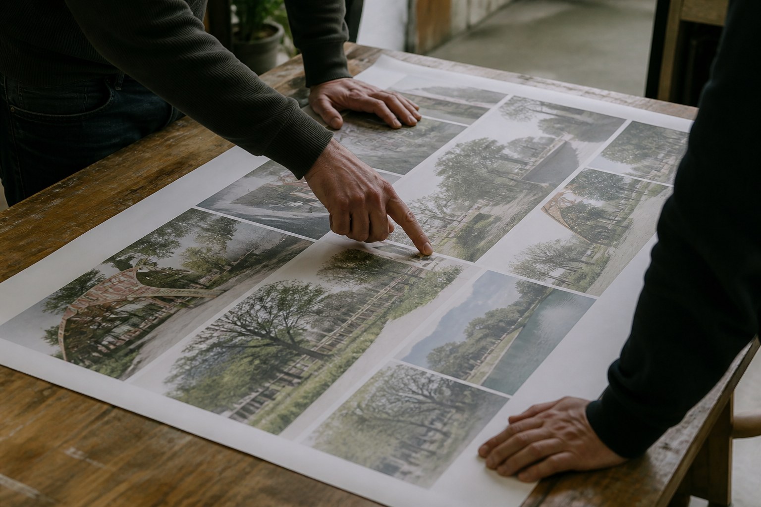 A large printed layout on a table with two pairs of hands over it from opposite sides