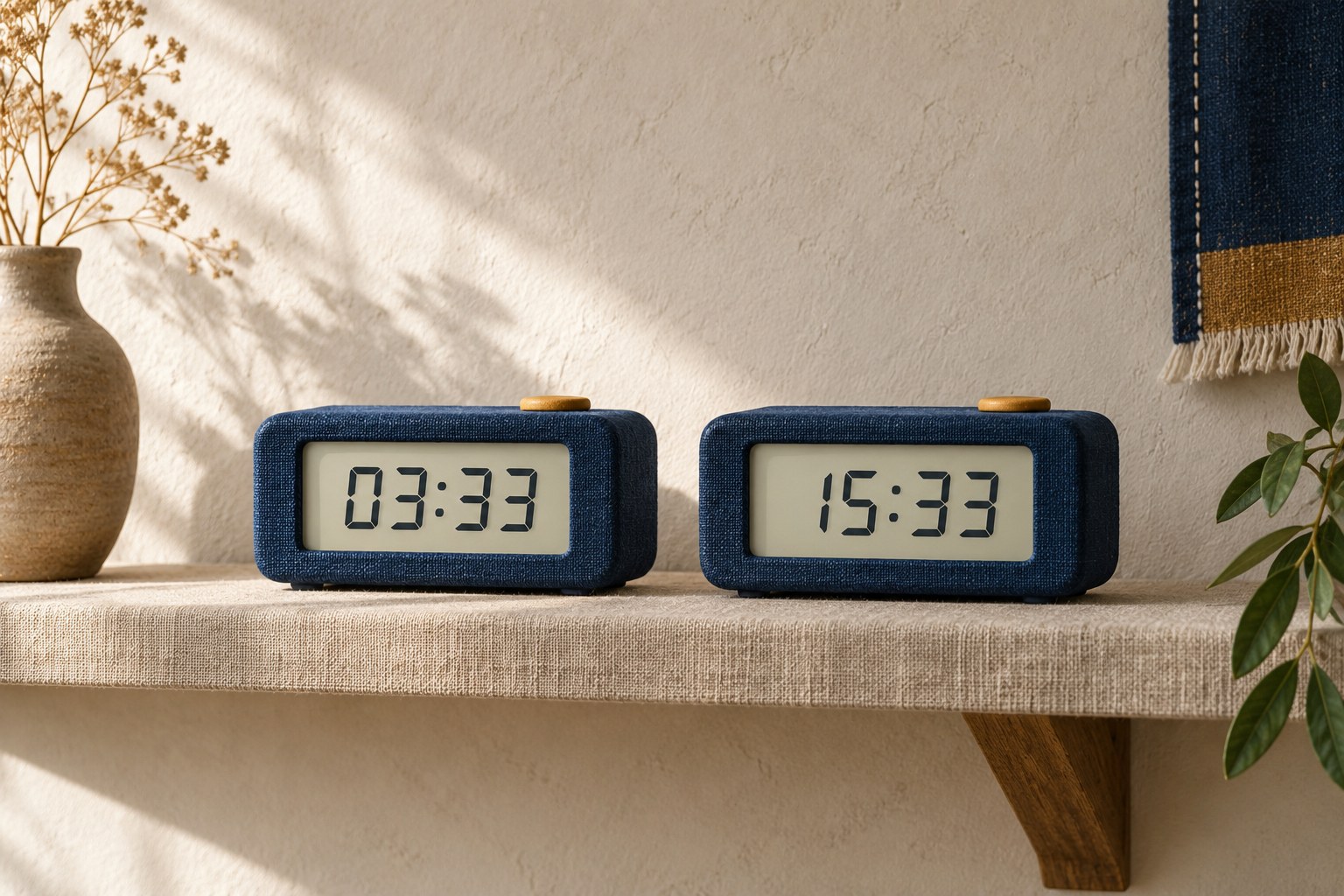 Two digital clocks displaying 03:33 and 15:33 on a linen-covered shelf
