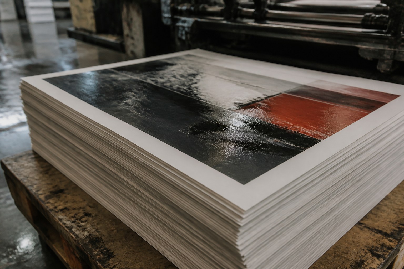 A stack of freshly printed sheets just lifted off a press, the ink still wet