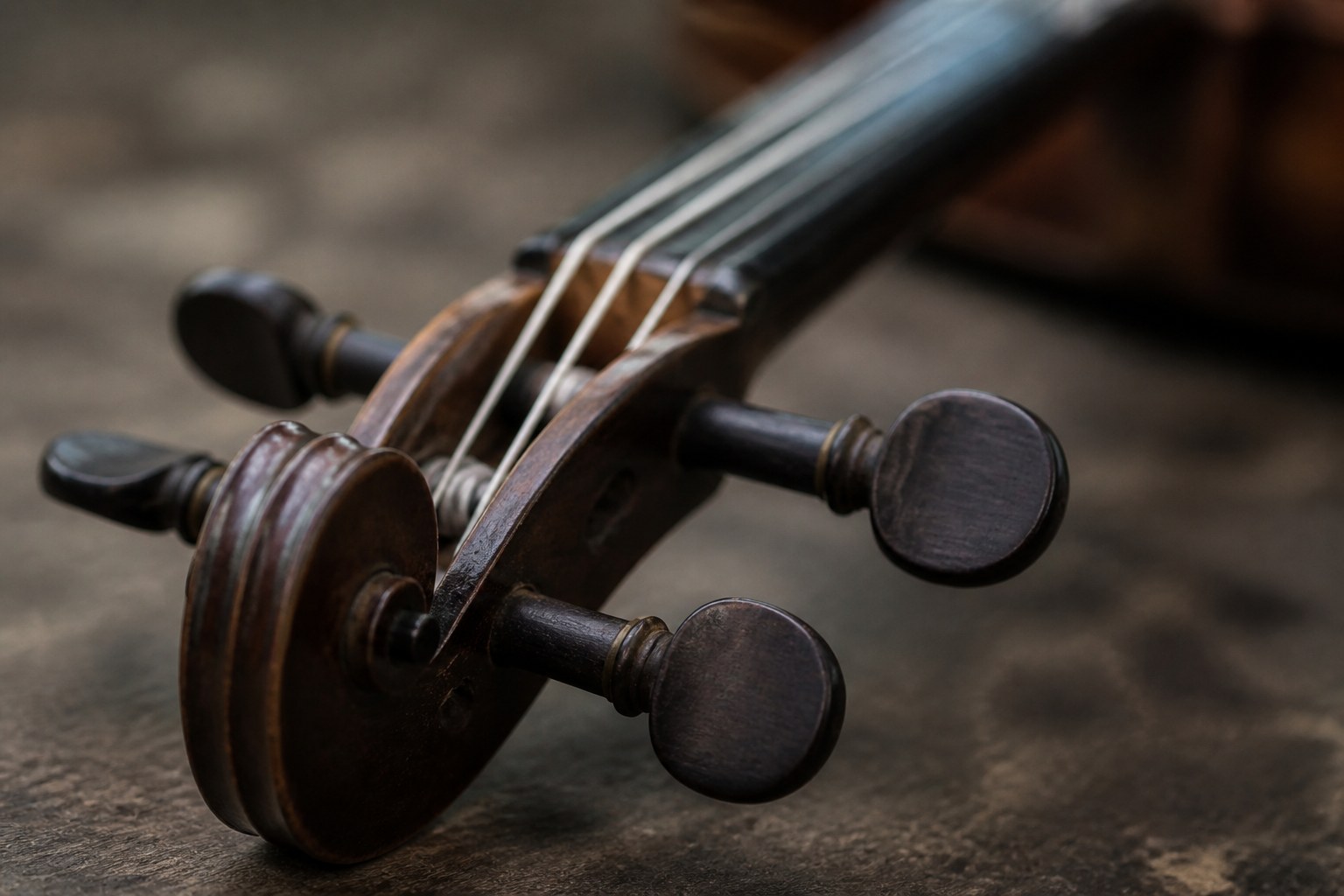 Tuning pegs on the head of a stringed instrument with the strings running away out of focus
