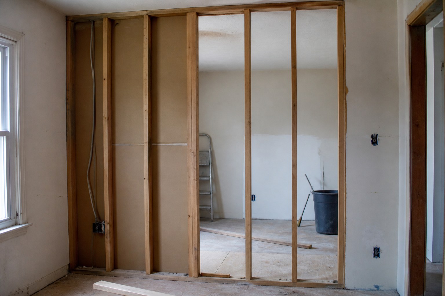 A stud wall part framed in a room, some uprights fixed and the rest still open