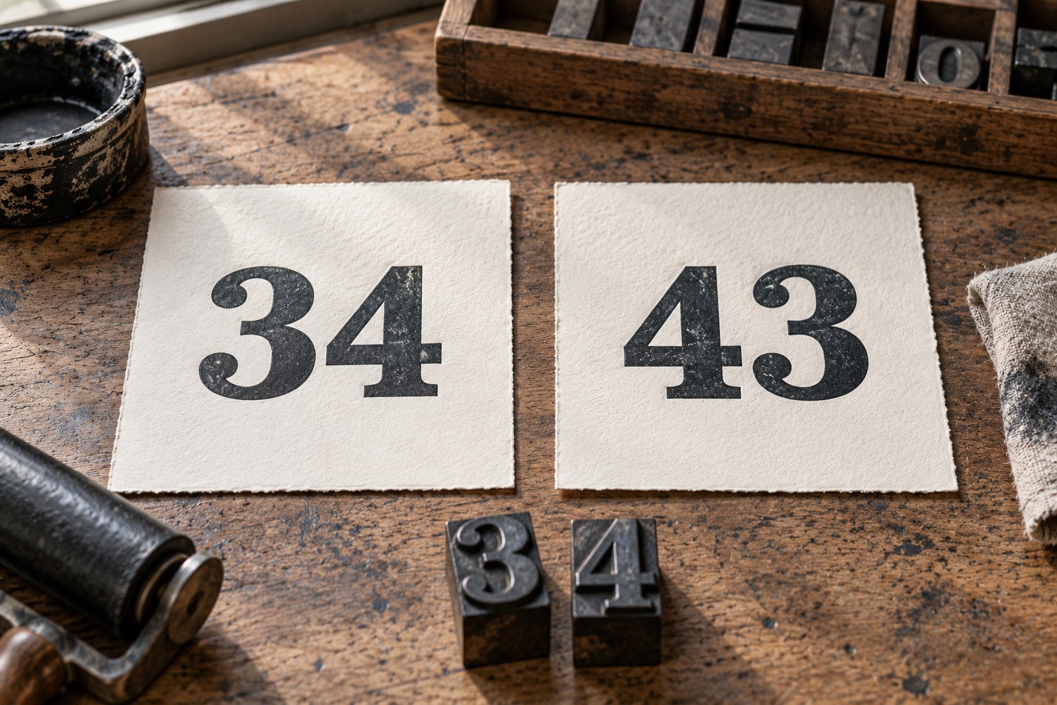 Two paper type proofs showing 34 and 43 with the same 3 and 4 numeral shapes in reversed positions