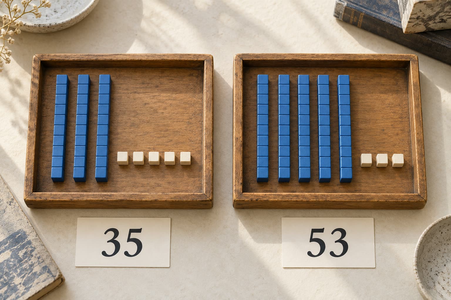 Two trays of base-ten blocks show three tens and five units for 35, and five tens and three units for 53